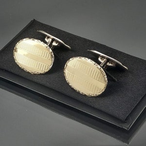 Vintage Cufflinks Continental Silver oval gold gilt engine turned pattern