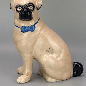 Antique Pug Dog with blue Bowtie Figurine Staffordshire