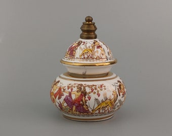 White Vintage Greece oil perfumes Bottle and solid perfume pot with Greek scenes