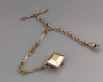 Rolled Gold watch chain with diamond shaped watch fob with gemstones