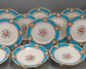 Antique Minton Turquoise & Gold Dessert Service 12 Plates 4 Comports c.1860