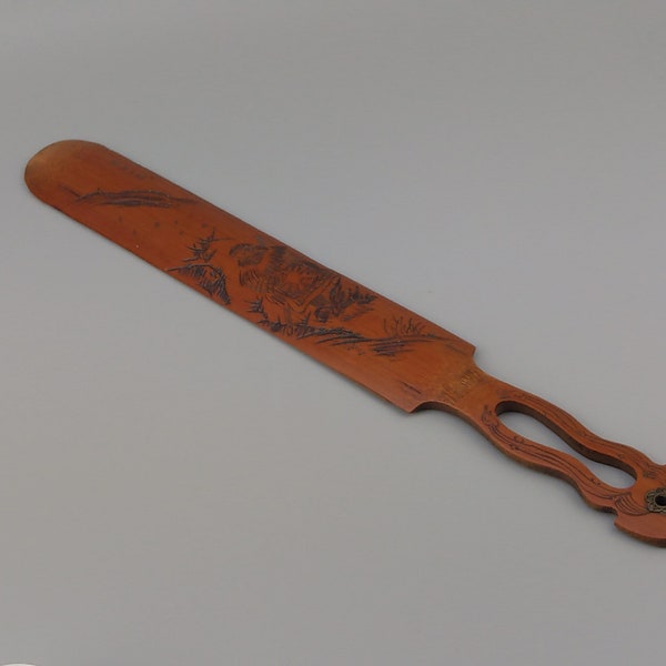 Japanese Carved bamboo Paper Knife With Samurai Singed