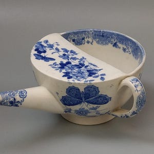 Antique Invalid Feeder Cup Blue Transfer Flowers and Butterflies