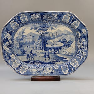Antique meat platter Blue and white Leeds c1820 Italian scene