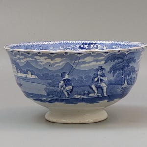 Antique Blue and White Transfer Bowl Fishing Scene