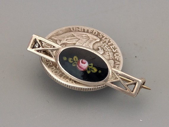 Sterling silver Black enamel Small Brooch with ro… - image 2