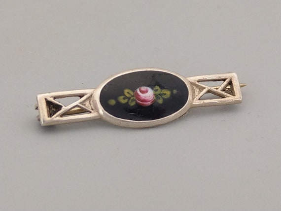 Sterling silver Black enamel Small Brooch with ro… - image 1