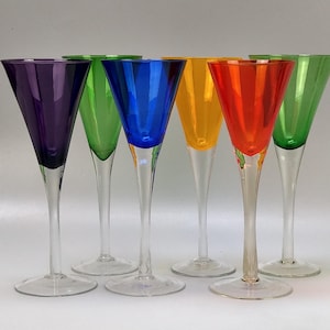Tall Colourful Cocktail glasses conical, hand blown set of 6