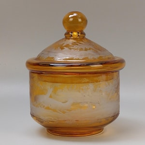 Amber Bohemian Egermann Cut to clear Jar with lid Stag pattern