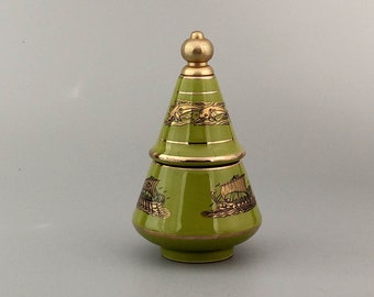 Green Vintage Greece oil perfumes Bottle and solid perfume pot with Greek Ship and dolphins