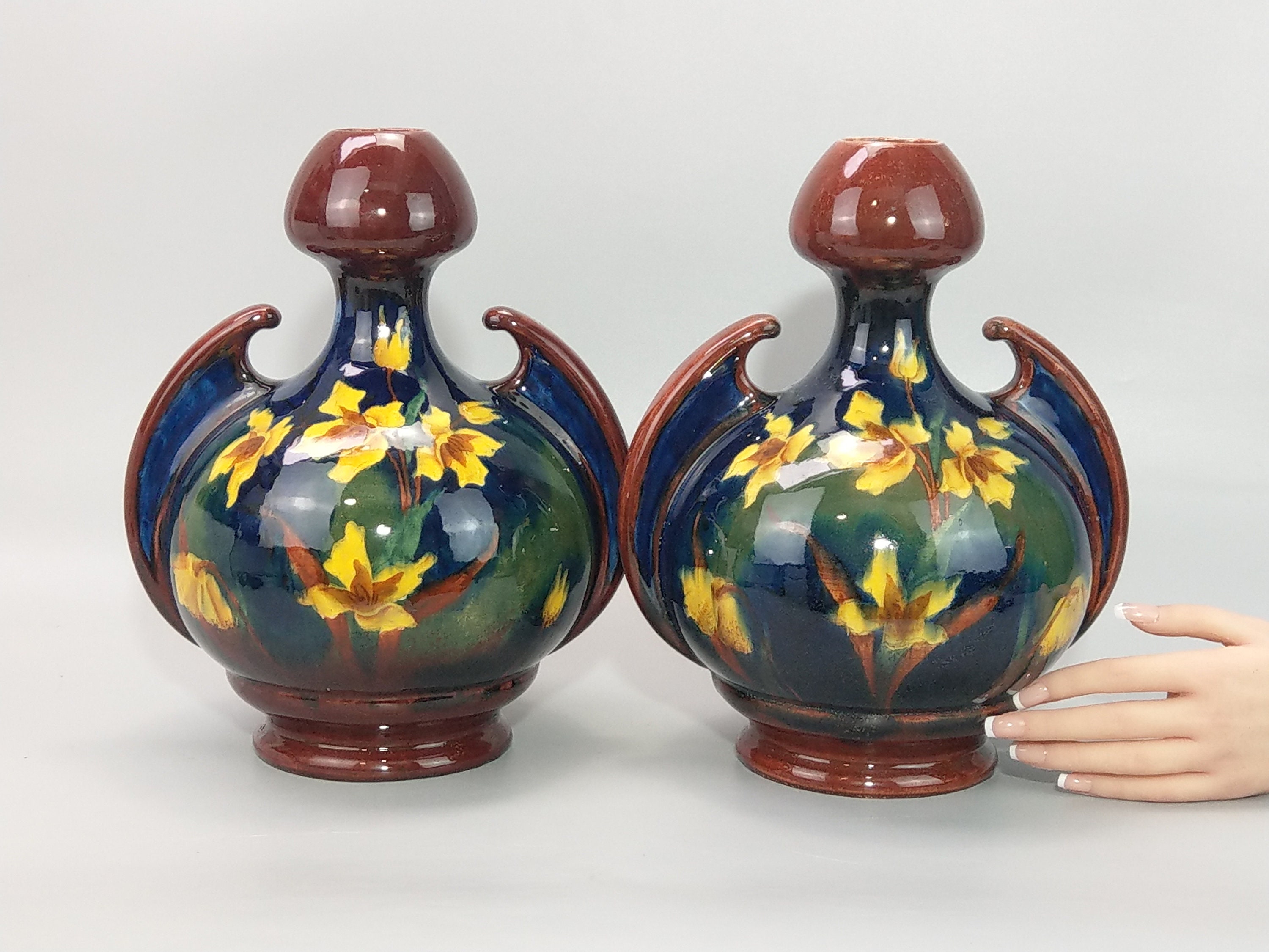 Large Pair of Vases With Daffodils Austrian Old Moravian Pottery