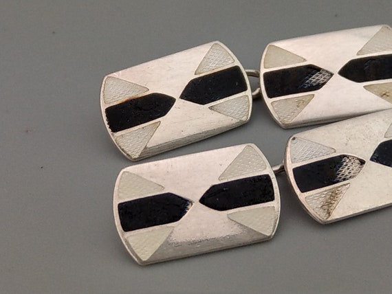 Sterling Silver Art Deco Rectangle Enamel cufflin… - image 7