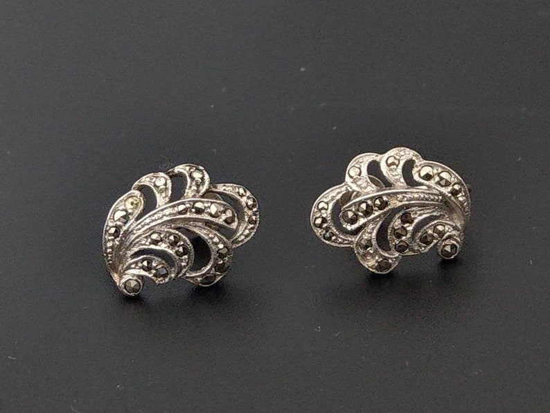 Marcasite Silver Sterling Leaf shaped Art deco earrings