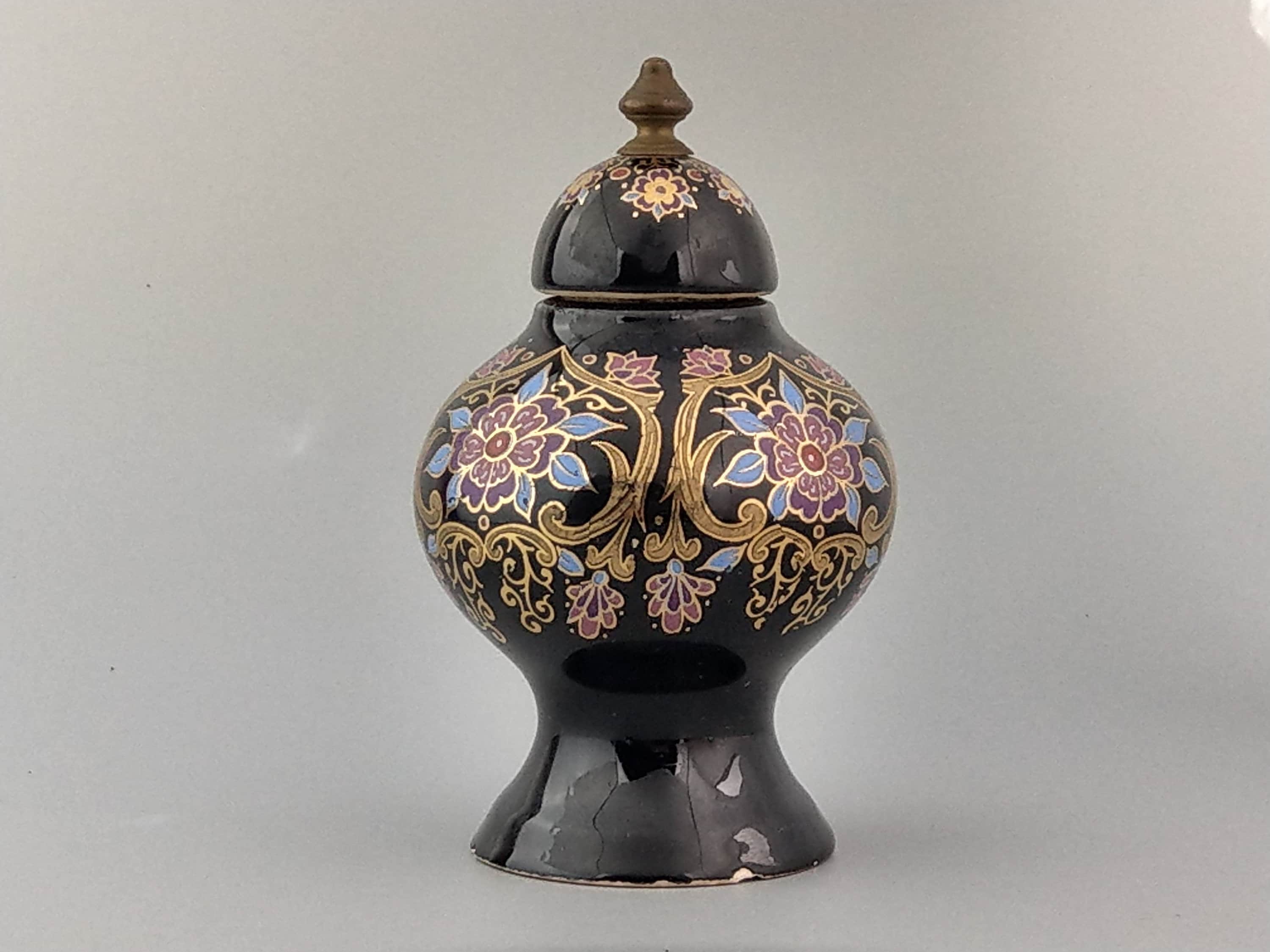 Large Black Vintage Greek solid perfume pot on foot with pink lotus scroll