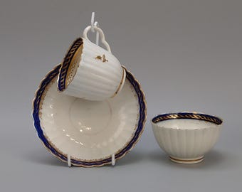 Antique Caughley Porcelain Trio Cobalt Blue & Gold Tea bowl, Coffee Can, Saucer