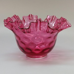 Antique Cranberry Glass Bowl with ruffled & dimpled
