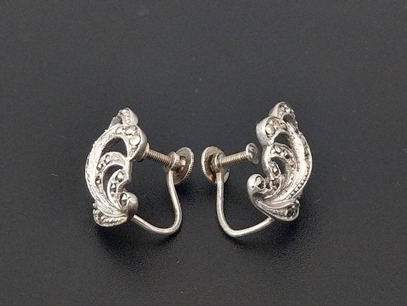 Marcasite Silver Sterling Leaf shaped Art deco earrings