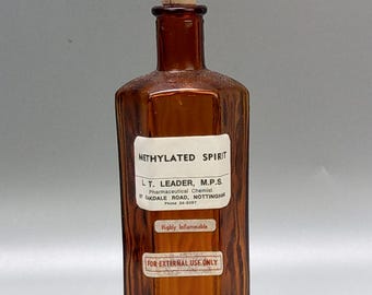 Vintage Brown Glass Chemist Pharmacy bottle with label Methylated Spirit L.T. Leader
