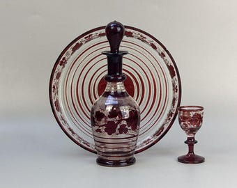 Antique Small liquor Decanter tray and glass Bohemian ruby red with wine grapes pattern
