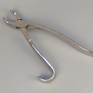 May include: A stainless steel dental extraction forceps with a curved handle and a hook-shaped jaw.