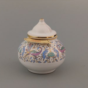 Medium White Vintage Greek solid perfume pot Peacocks Pattern