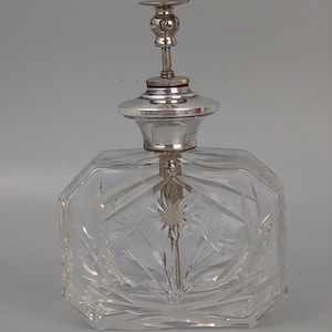 Antique Cut Glass Perfume Bottle Atomiser with Flowers and Sterling Silver Top