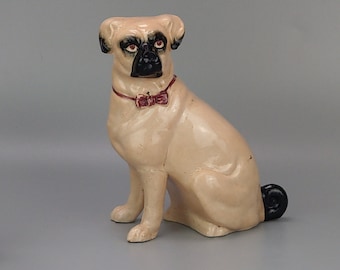 Antique Pug Dog with red Bowtie Figurine Staffordshire