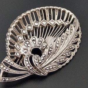 Sterling silver Large Marcasite brooch Father and fan