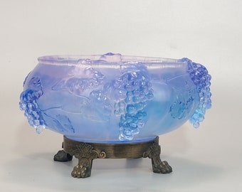 Lavender Blue Art Glass Bowl with Grapes on Brass Lion Feet
