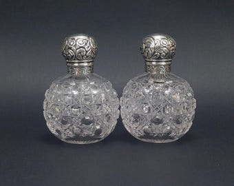 Victorian Hobnail Cut Glass Perfume Bottles with Silver Top, Pair