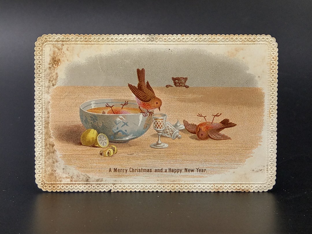 Antique Greetings Card A Bowl of Punch and Birds Victorian Etsy