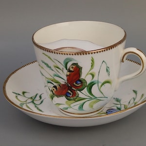 Victorian Moustache Cup and Saucer with Butterflies Royal Worcester