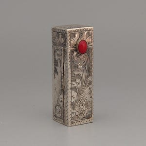Italian Silver Lipstick holder with mirror Floral Pattern Red button