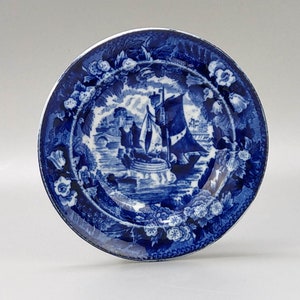 Early Miniature Plate Blue And White Wedgwood Ferrara Ship