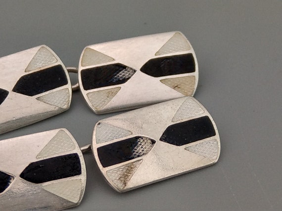 Sterling Silver Art Deco Rectangle Enamel cufflin… - image 2