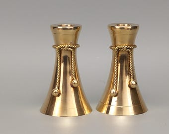 Pair of Brass Candlesticks with Rope Knot and Ball Tassel Decoration