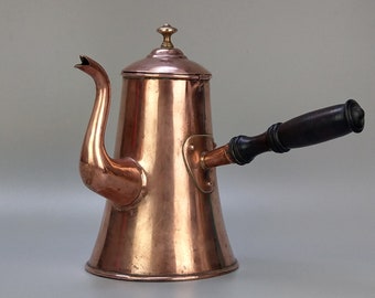 Antique Copper Chocolate Pot with turned wood handle and tinned interior