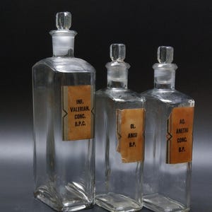 Antique Set of 3 Chemist Clear Glass Bottles with stoppers and labels