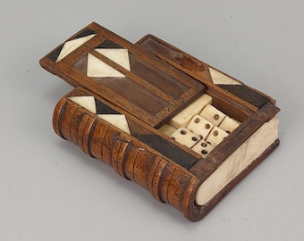 Antique Walnut inlaid book shaped box with domino Napoleonic Prisoner of War