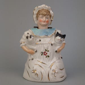 Antique Nodder figurine girl with puppies Bisque porcelain