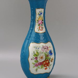 Turquoise blue Royal Vienna vase with hand painted Floral sprays cartouche