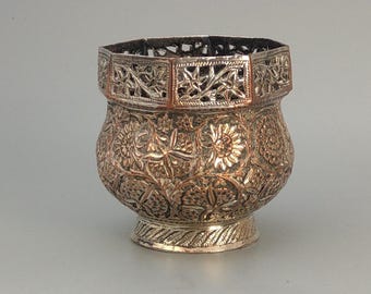 Antique Kashmir Silvered Copper Pot with Floral Pattern