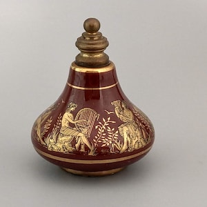 Brown Vintage Perfume Bottle Ceramic Greece oil perfumes pot with Greek goddess scenes in gold