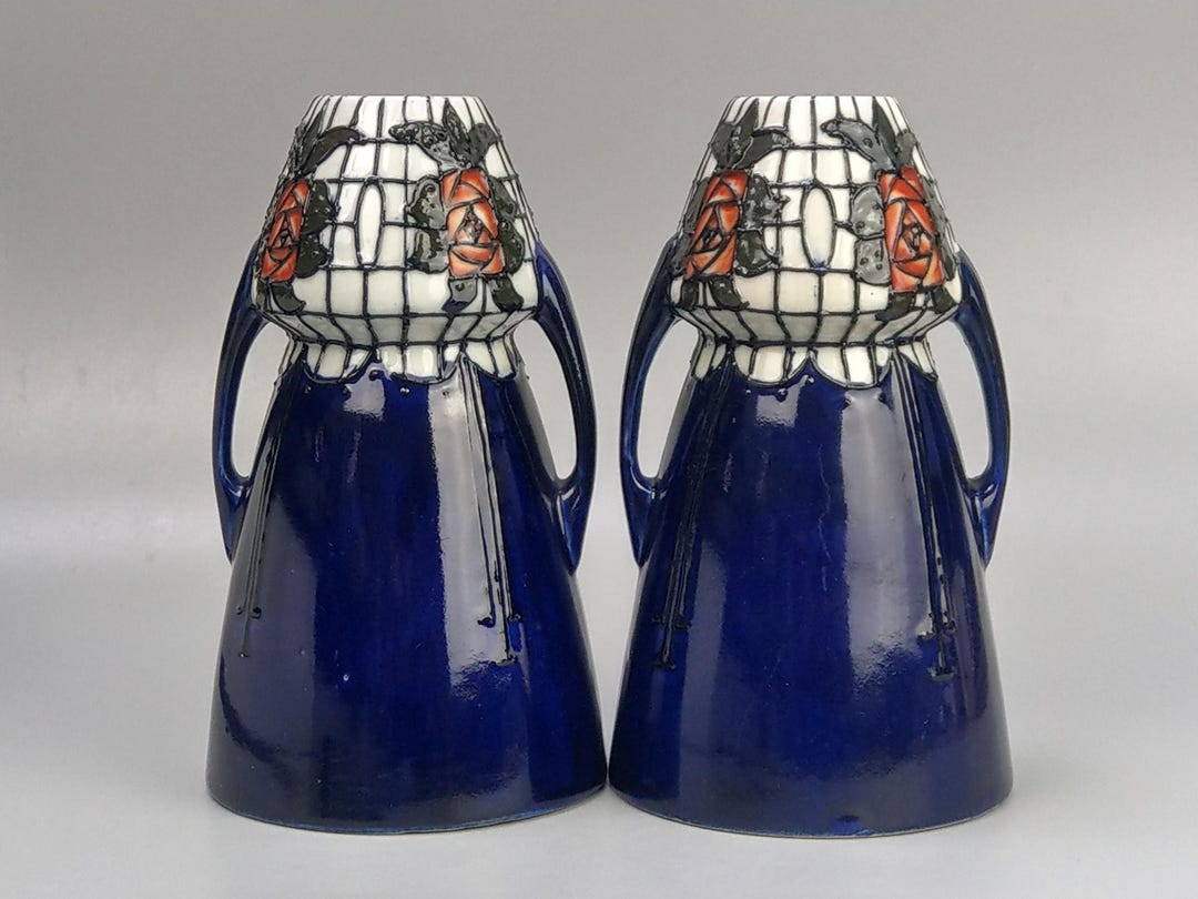 Frederick Rhead Fish Twin Handled Vases Cobalt Blue Frederick Rhead for Wood and Sons ...