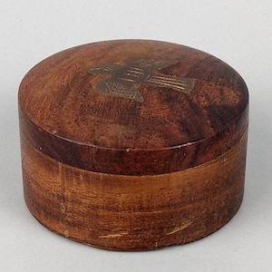 Small turned wood box brass inlay with bird