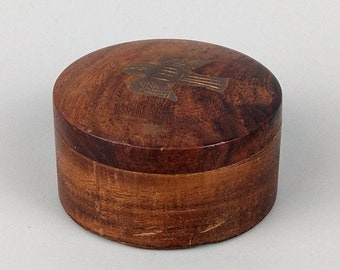 Small turned wood box brass inlay with bird