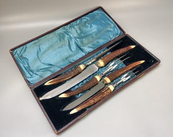 Antique Meat Carving Set: Stag Antler Handle, George H. Hulley Sheffield