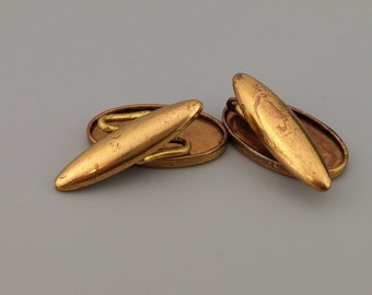 Boutons De Manchette Art Déco Gravés Or 9k - Métaux Mélangés Artisanaux Ovales - Occasion Vintage