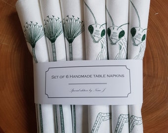 Set of 6 Designer Napkins (Wildflower Meadow with Praying Mantis and Grasshopper)