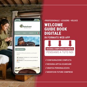 Può includere: Una persona usa uno smartphone, mostrando una guida di benvenuto digitale. Lo schermo del telefono mostra un sito web con immagini del Colosseo e testo in italiano. Lo sfondo è una grafica rossa con testo: "WELCOME GUIDE BOOK DIGITALE".